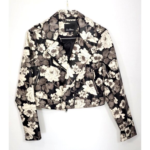 Sam Edelman Moto Jacket Floral Print Vegan Leather Gray Black White Size M 1823 - Picture 8 of 13